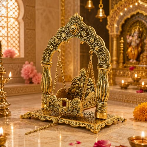 Image of Metal Laddu Gopal Krishna Swing Jhula for Janmashtami Pooja, Decorative Bal Gopal Mandir Swing for Home Temple, Festival Decoration, Pooja Room Decor & Religious Gift