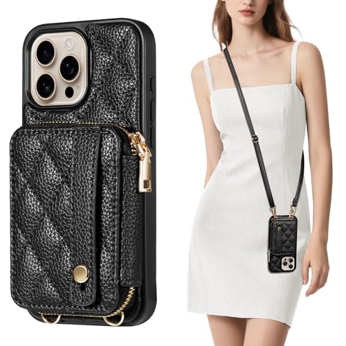 TiMOVO for iPhone 16 Pro Max Wallet Case, Crossbody Phone Strap with Zipper Card Holder, RFID Blocking PU Leather Cover for Women, Adjustable Anti-Theft Wrist Strap for iPhone 16 Pro Max 6.9'', Black