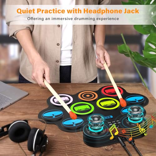 Image of Portable Electronic Drum Pad Set - 9 Pads Roll up Drum Practice Pad with Pedals & Stick, Headphone, Jack in Drum Set Kit for Kids and Adults, Great Holiday Christmas & Birthday Gift