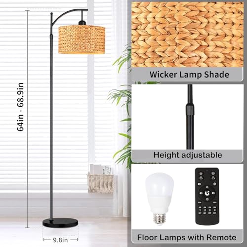 Image of QIYIZM Floor Lamp for Living Room Bedroom Farmhouse Arc Rattan Boho Standing Lamp with Remote Dimmable Black Wicker Bamboo Lamp Shade Floor Light Adjustable Tall Lamp Industrial Floor Lamps Bohemian