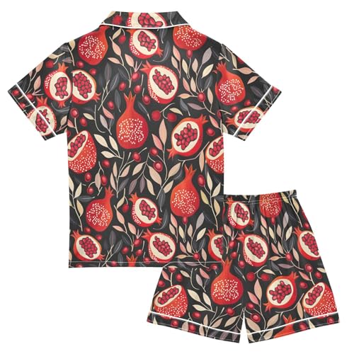 ALAZA Red Pomegranate Leaf Satin Pajamas Set Short Sleeve Button Down Sleepwear Summer Pjs 2 Piece2