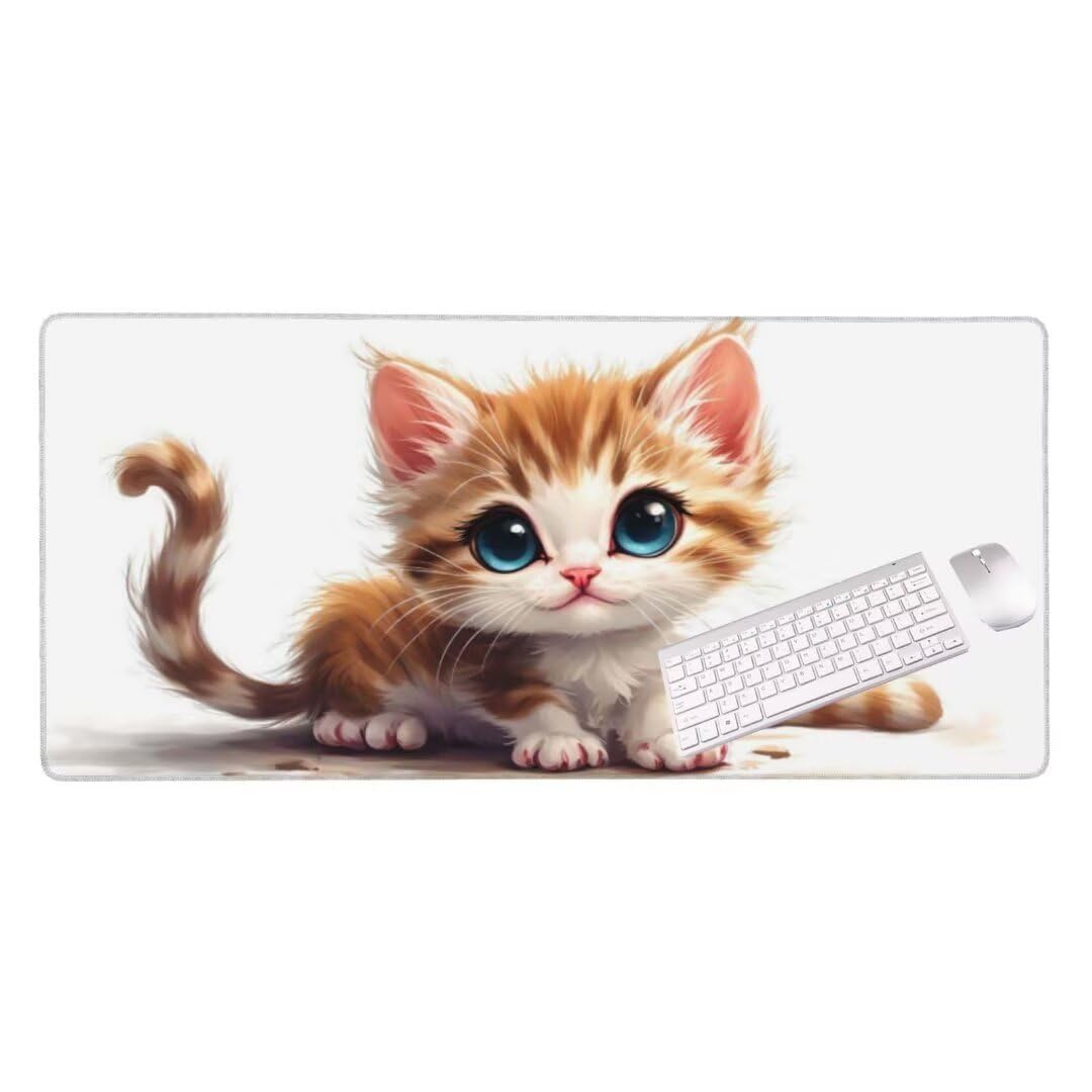 Alfombrilla de ratón 1400x600x3 MM, Alfombrilla Ratón XXL Extendida de Gran Tamaño con Bordes Cosidos, Base de Goma Antideslizante Almohadilla para Teclado, Lindo Gato Naranja S-6617