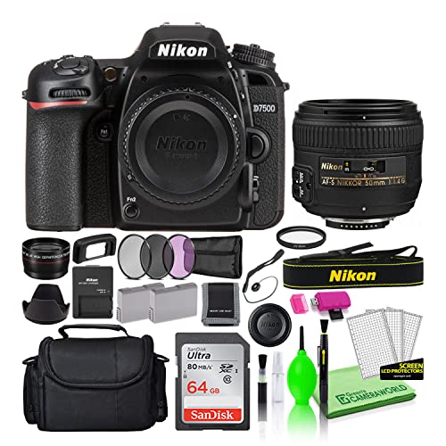 Nikon D7500 20.9MP DSLR Digital Camera with AF-S 50mm f/1.4G Lens (1581) Deluxe Bundle Kit with Sandisk 64GB SD Card + Large Camera Bag + Filter Kit + Spare Battery + Telephoto Lens + More