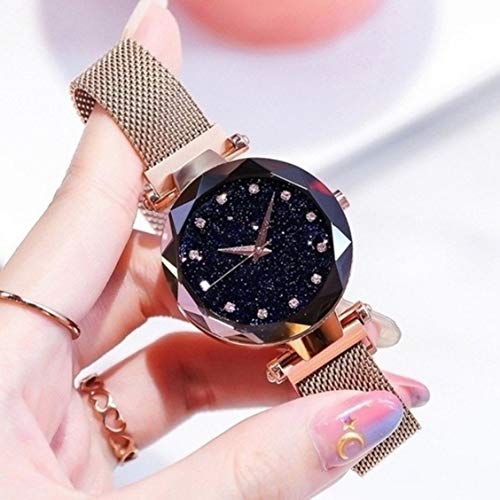 Image of Acnos Premium Black Round Diamond Dial with Generation Rosegold Magnet Belt Analogue Watch for Women Pack of - 1 (DM-ROSEGOLD03)