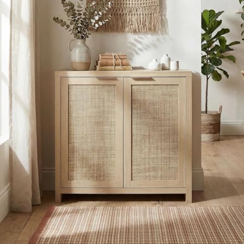 Image of OAKHAM HOME Rattan Sideboard Buffet Cabinet with Storage, Boho Farmhouse Credenza with Adjustable Shelves, Decorative Coffee Bar Cabinet for Kitchen, Living Room & Entryway Organization, Light Oak | Buffet Cabinet with 2 Soft-Close Doors, Adjustable Shelves and 110 lbs Top, For Living Room, Kitchen, Entryway