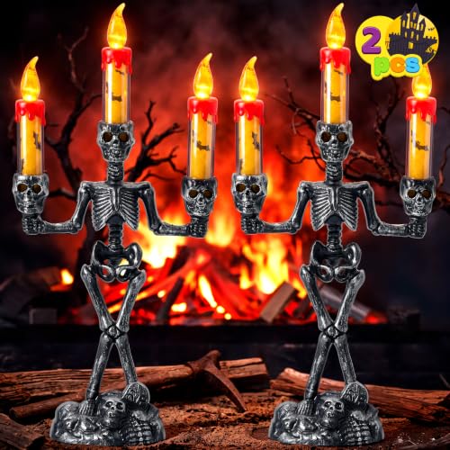 Image of JOYIN 2 Pcs Halloween Skeleton Candelabra Decorations, Light Up Haunted Candelabra Decor with LED Flameless Candles, Skull Candles Holder Flickering Glow Tabletop Decor for Indoor Haunted House