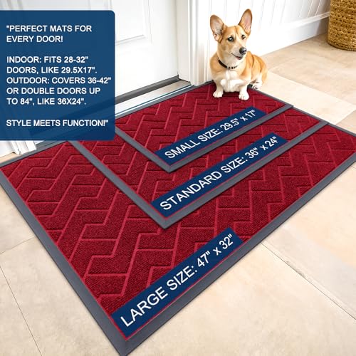 Image of OLANLY Front Door Mat Indoor Outdoor Entrance, Waterproof All-Season, All-Weather Doormat, Sturdy Natural Rubber, Low Profile, Easy Clean Patio Porch Entryway Mat, Herringbone Brick (Wine Red, 59x23)