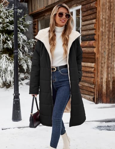 Vancavoo Wintermantel Damen Lang Winterjacke Warm Gefüttert Winterparka Winter Jacke Mantel Parka Steppmantel Daunenmantel mit Kapuze,Schwarz,M