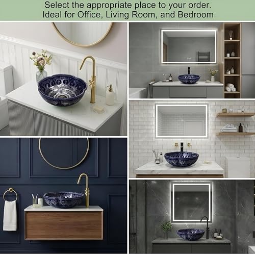 Image of BASSINO Designer Moroccan Ceramic Table Top Wash Basin /Glossy Blue Floral Art Bowl Sink for Bathroom /Handcrafted Countertop Washbasin for Office /Hotel(16.5 x 16.5 x 5 Inches)