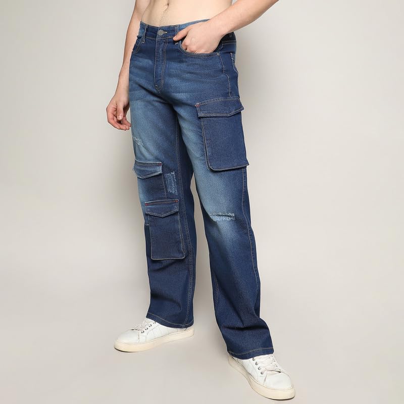 Image of CAHOOT Men's Stitched Cargo Denim Jeans for Casual Wear | Dark-Wash | 5 Pocket | Button Closure | Denim Jeans Crafted with Comfort Fit for Everyday Wear