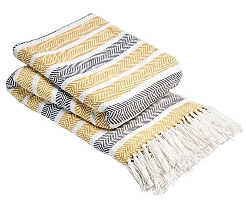 POSHLIVING Stripe Chevron Ochre Yellow 100% Cotton Throws Woven Chair Sofa Bed Settee Herringbone Zig Zag Throw Cover Bedspread Blanket (178cm x 254cm) (Ochre Yellow, 2 Seater Sofa - 70" x 100")
