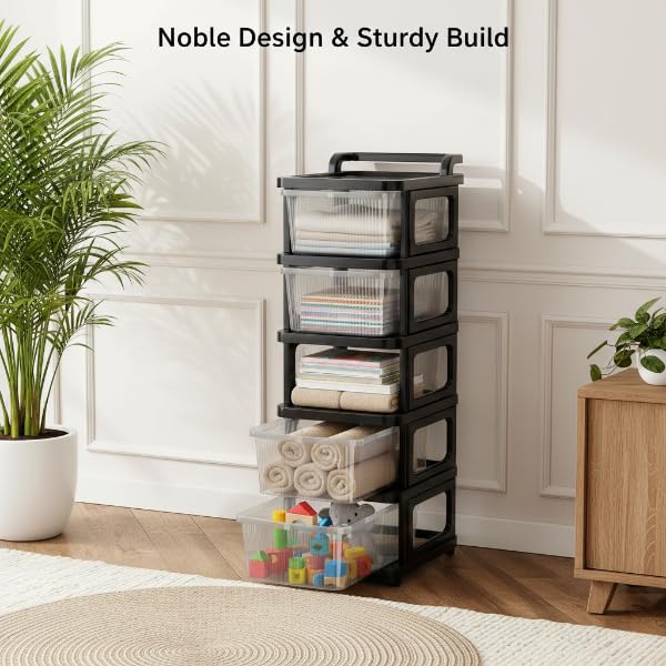 Image of KITCHIVO Heavy Duty Plastic Storage Drawer with Wheels | Modular Cabinet for Bedroom, Office, Home or Classroom| Chest of Drawers Organiser for Cosmetics, Kitchen items, Toys (Transparent, 5)