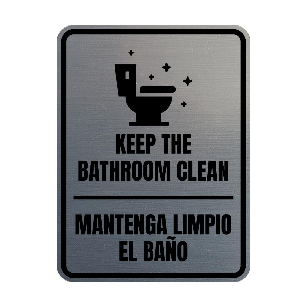 Signs ByLITA Portrait Round Keep The Bathroom Clean Door or Wall Sign | Spanish Bilingual Business And Office Restroom Hygiene Signs (Brushed Silver)