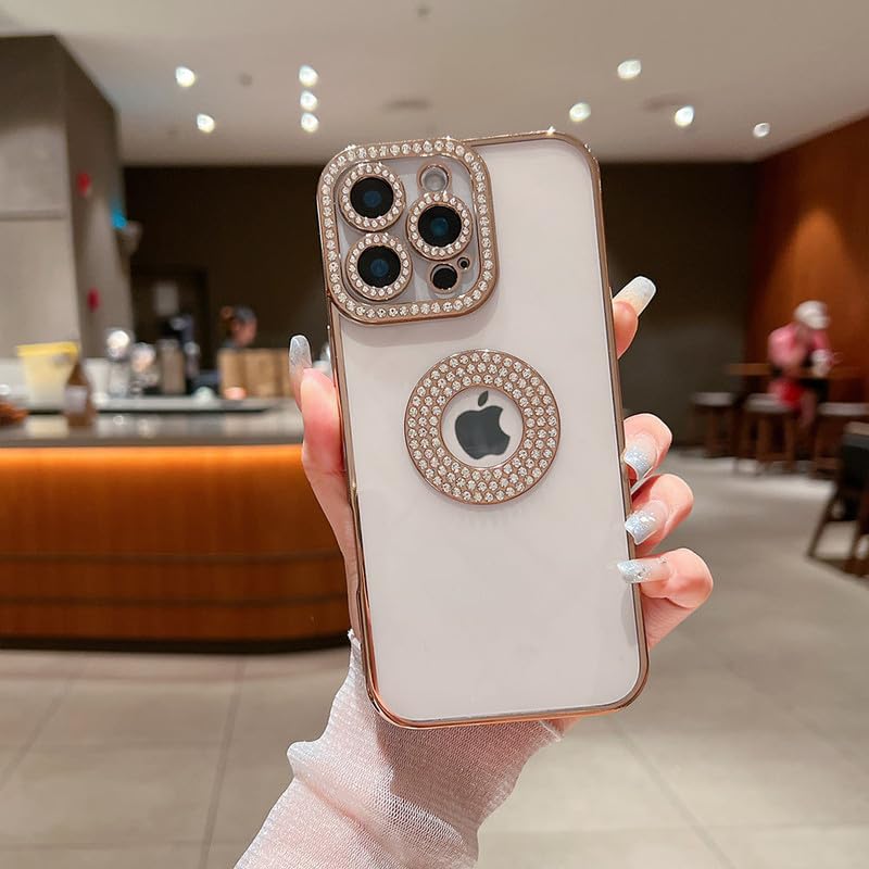 Image of LuxuryKase Sparkling Crystal Clear Case for iPhone 16 Pro Max | Logo Cut | Soft Protective TPU Case | Diamond Camera Lens Protector - Gold