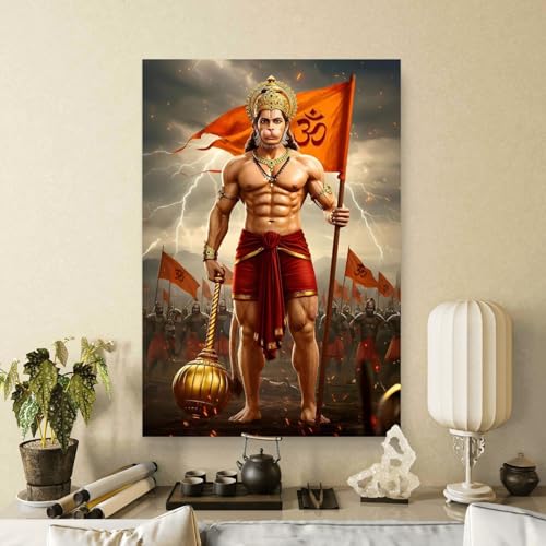 Image of SAF Veer Hanuman Powerful Warrior Wall Poster | Bajrangbali Gada Artwork with Om Flag | Waterproof Sparkle Laminated Vinyl Poster | Unframed Religious Home Decor 12 x 18 inch