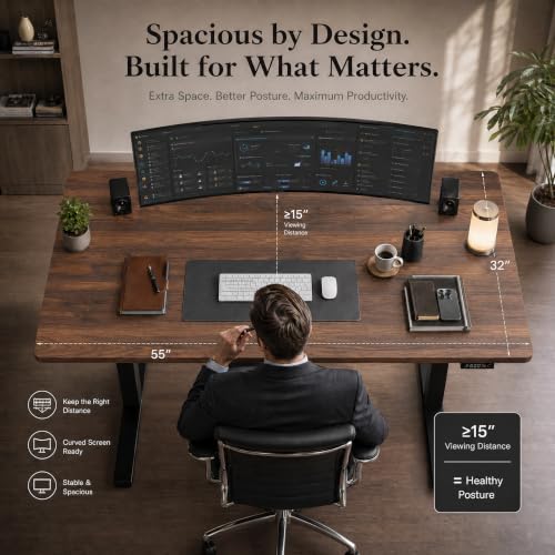 Image of Grandder 55x32 Large Electric Standing Desk, Height Adjustable Computer Desk with 2 Memory Presets, 31.5 inch Deep Desktop Sit Stand Desk Home Office Desk Workstation Table with Hooks, Walnut