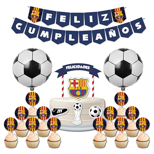 Kit de Decoración para Fiesta de Cumpleaños Barcelona, Banderines, Cake Topper, Globos, 15 Piezas