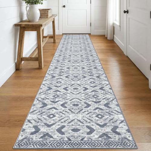 KILOCOCO Hallway Runner Rug 2.6'x16' Washable Printed Moroccan Runner Rugs Non Slip Entryway Rugs Soft Indoor Long Floor Rug for Bedroom Kitchen Living Room Geometric Boho Carpet Runners, Grey White