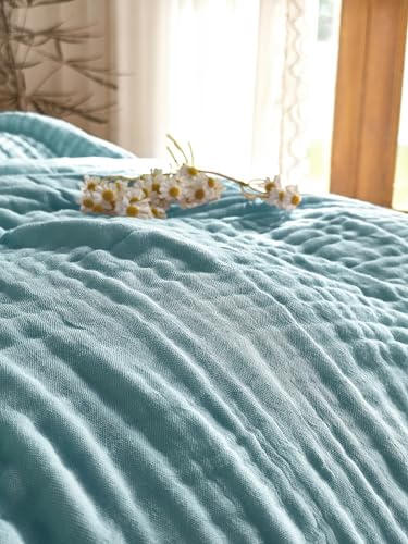 Image of SANACYNA Muslin Blankets 100% Cotton 6-Layer Gauze Queen Size Teal Light Blanket Soft Cozy Breathable Bed Blanket for Sofa Couch Bed Coverlet Both Sides (Teal, Queen 90 inch X 90 inch)