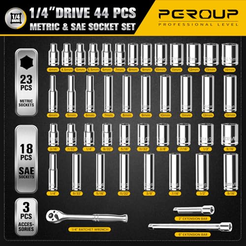 Pgroup 44-Piece 1/4 Inch Drive Sae (3/16 In - 9/16 In) & Metric (4 Mm - 14 Mm) Socket Set thumb #1