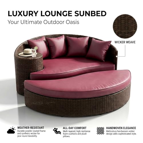 Image of BRISHI Outdoor Patio Daybed /Sunbed /Swimming Pool Side /Sun Lounger /Garden /Terrace /Balcony /Wicker and Rattan Daybed (Dark Brown /Maroon)