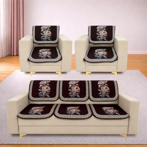 Image of Homerz 'Brooklyn Series' Premium Sofa Cover | Quilted Floral Design | Non-Slip Washable Sofa Protector | Soft Anti Slip Fabric (Ny Brown, 5 (3+1+1) Seater, Seat Cover with Backrest)