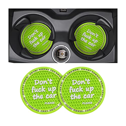 2 Pack Bling Car Coasters for Cup Holder, Crystal Rhinestone 2.75 in Cup Holder Coaster, Silicone Anti-Slip Insert Cup Mats for Women, Interior Accessories Universal for Most Cars (Green)