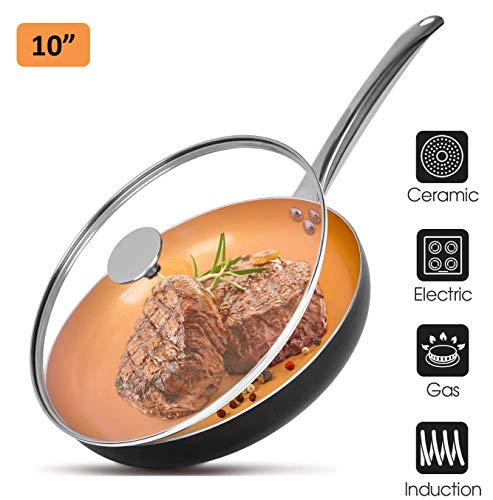 10" Copper Nonstick Frying Pans with Lid, Chef's Classic Skillet with 100% PFOA-Free