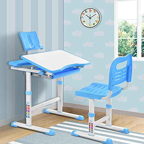 Atralife Multifultinal Children's Desk, Height Adjustable Student Desk Chair Set, Children's Home School Study Writing Reading Drawing Desk with Chair and Drawer,Ajustable Book Stand,Tilt Desktop