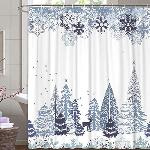 MundW DAS DESIGN Weihnachten Duschvorhang Sterne-Flitter Schnee Textil Vorhang weiß Baum Rentier Schimmelresistent Weihnachtsdeko Farbefest inkl. 12 C-Ringe Gewicht unten 180x200cm(BxH)