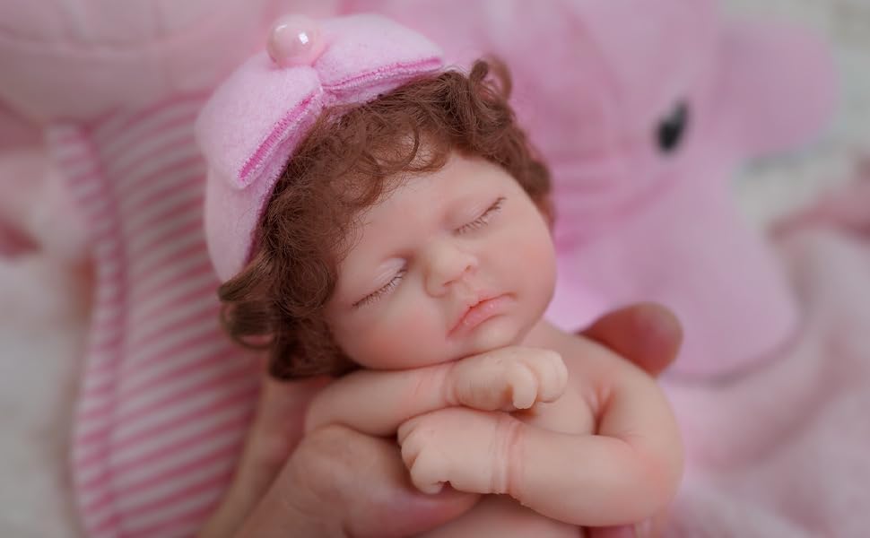 Reborn Baby Dolls, 7Inch Mini Realistic Newborn Girl Doll with Curly Hair, Real Life Tiny Doll with Feeding Accessories