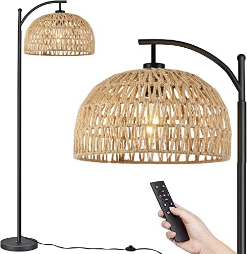 QIYIZM Floor Lamp for Living Room Bedroom Farmhouse Rattan Standing Lamp with Remote,Industrial Black Dimmable Wicker Floor Light Rustic Adjustable Tall Lamp,Boho Bamboo Lamp Shade Floor Lamps