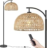 QIYIZM Floor Lamp for Living Room Bedroom Farmhouse Rattan Standing Lamp with Remote,Industrial Blac