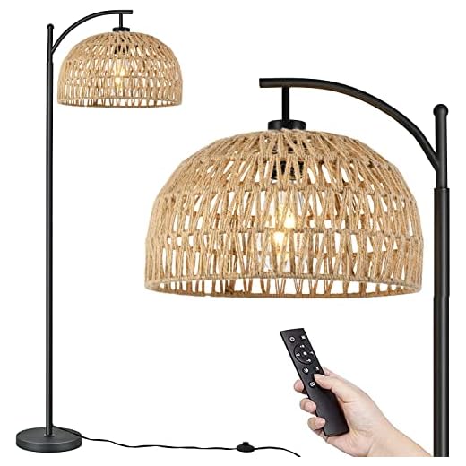 QIYIZM Floor Lamp for Living Room Bedroom Farmhouse Rattan Standing Lamp with Remote,Industrial Black Dimmable Wicker Floor Light Rustic Adjustable Tall Lamp,Boho Bamboo Lamp Shade Floor Lamps