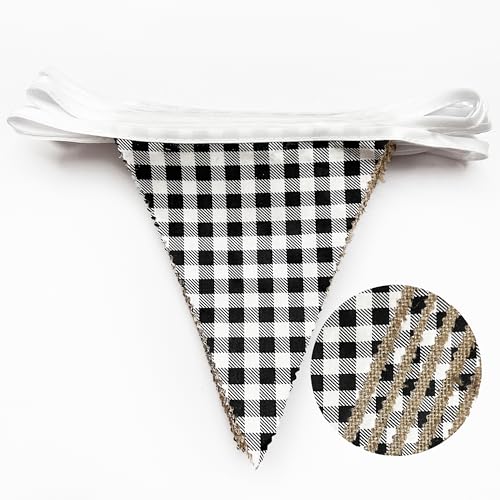 Image of 26Ft Black Gingham Plaid Burlap Banner Black Checkered Burlap Pennant Triangle Flag Garland Streamers Vintage Wall Hanging for Rustic Birthday Wedding Baby Shower Boho Picnic Camping Christmas Decor