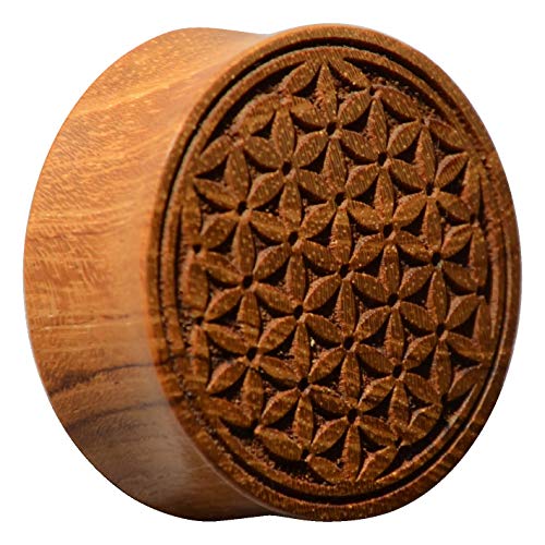 CHICNET Damen Herren Plug Flesh Tunnel Lobe Piercing Dehner aus Teakholz Holz, Gravur Blume des Lebens, Double Flared, 22mm bis 30mm 08 mm thumbnail