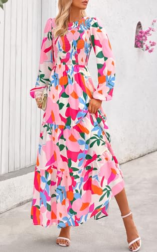 Image of PRETTYGARDEN Women's Fall Dresses 2026 Long Sleeve Flowy Casual Floral Maxi Dress Crew Neck Smocked Tiered Long Dress