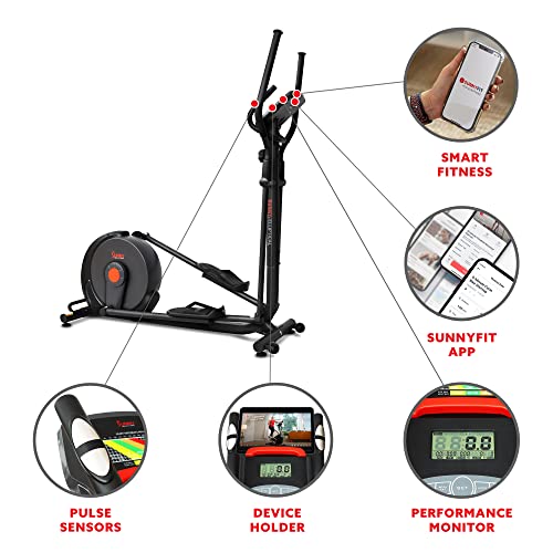 Image of Sunny Health & Fitness Elliptical Silent Exercise Machine with Long Stride | Elliptical Training with Pulse Sensor, Adjustable Resistance, Long Stride, Fully Body Workout, App Access via Bluetooth