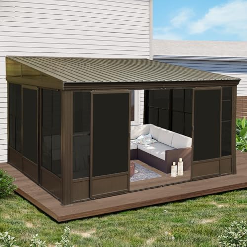 Domi 10x12FT Wall-Mounted Sunroom Gazebo, Aluminum Solarium with Galvanized Steel Sloping Roof, Detachable PVC Screens, Front & Side Sliding Doors, Outdoor Sun Room Lean to Gazebo for Patio Deck Lawn