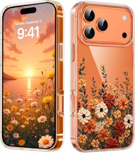 Image of Elzzi Clear Transparent Cover for iPhone 17 Pro Max Case Shockproof Case Floral Design Full Camera Protection Shockproof PC Covers Transparent Flower Cover for Girls & Women