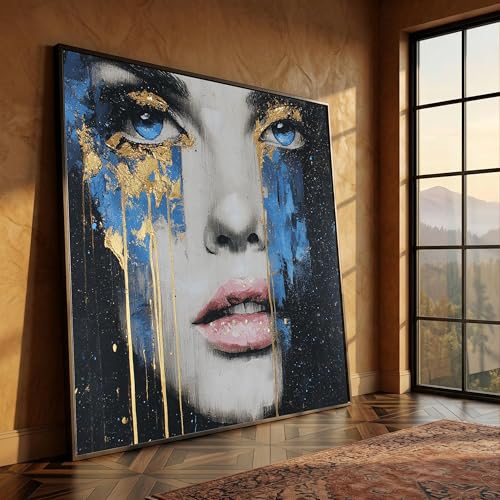 Portrait de femme sur toile abstrait bleu et or | Peinture murale 30x30