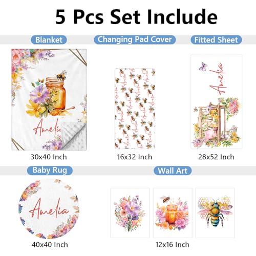 KAINSY Personalized Crib Bedding Set, 5 Pcs Custom Name Nursery Bedding Sets for Baby Girls Boys, Bee Patterns Baby Crib Bed Set, Double Layer Baby Blanket, Infants Toddlers Newborns Customized Gifts