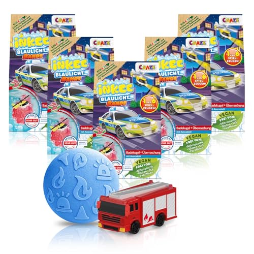 INKEE Rescue Crew 5er Set - Badebomben Kinder mit Überraschung 5x Badekugeln mit Spielzeug-Rettungsfahrzeug Badebombe mit Wassermelonen Duft & Avocadoöl