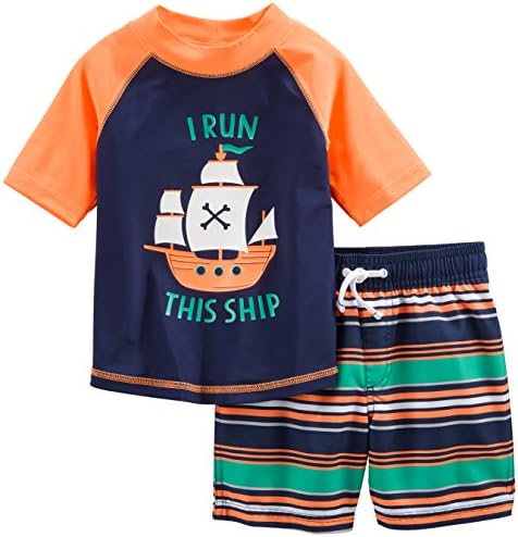 Simple Joys by Carter's Toddler Boys' Swimsuit Trunk and Rashguard Set, Orange/Blue, Ships, 3T