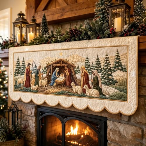 Nativity Scene Print Quilted Christmas Mantel Scarf, Fireplace Mantel Decor - image 1