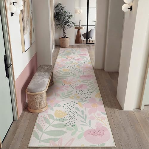 PureCozy Floral Runner Rug 3x10 Washable Hallway Pink Bedroom Non Slip Cute Long Kitchen Carpet Botanical Indoor Soft Accent Rug for Bathroom Dining Laundry Living Room 3' x 10' (Runner) Mod