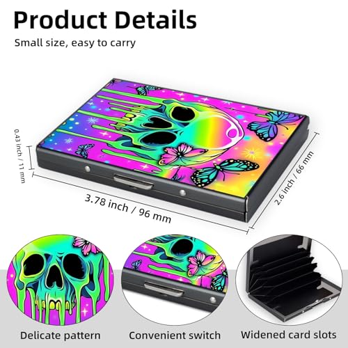 Credit Card Holder Wallet for Women - Ultra-Slim Metal Card Wallet with RFID Blocking | Mini 6-Slot Card Case Wallet, Secure & Stylish Metal Credit Card Holder, Colorful Skull Butterflies2