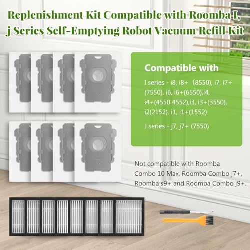 Image of Replacement Parts for iRobot Roomba i2 i3 i3+ i4 i4+ i6 i6+ i7 i7+ i8 i8+ /Plus E5 E6 E7, Robot Vacuum Accessories, 2 Set Roller Brush 8 Filters 8 Side Brushes 8 Vacuum Bags
