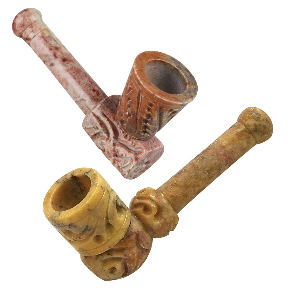 6pc Set - Chimney Carved Stone Pipe - 3.5 inch / Assorted Styles, Natural Stone