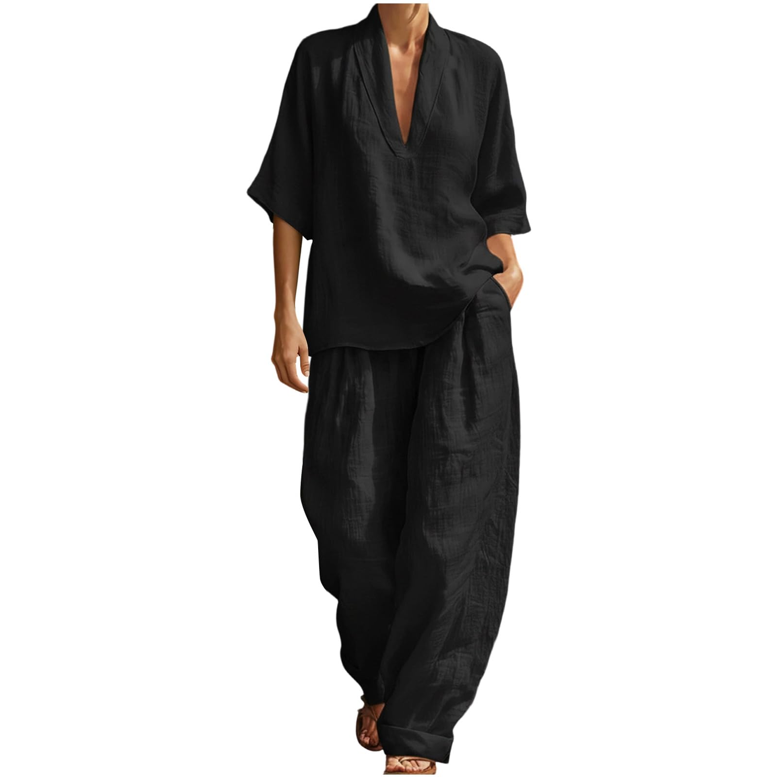 Completo Lino Donna Estate 2 Pezzi - Set Top Scollo a V e Pantaloni Gamba Larga Tuta Estiva Leggera e Traspirante Outfit ampia Boho Chic Casual confortevole per Vacanze